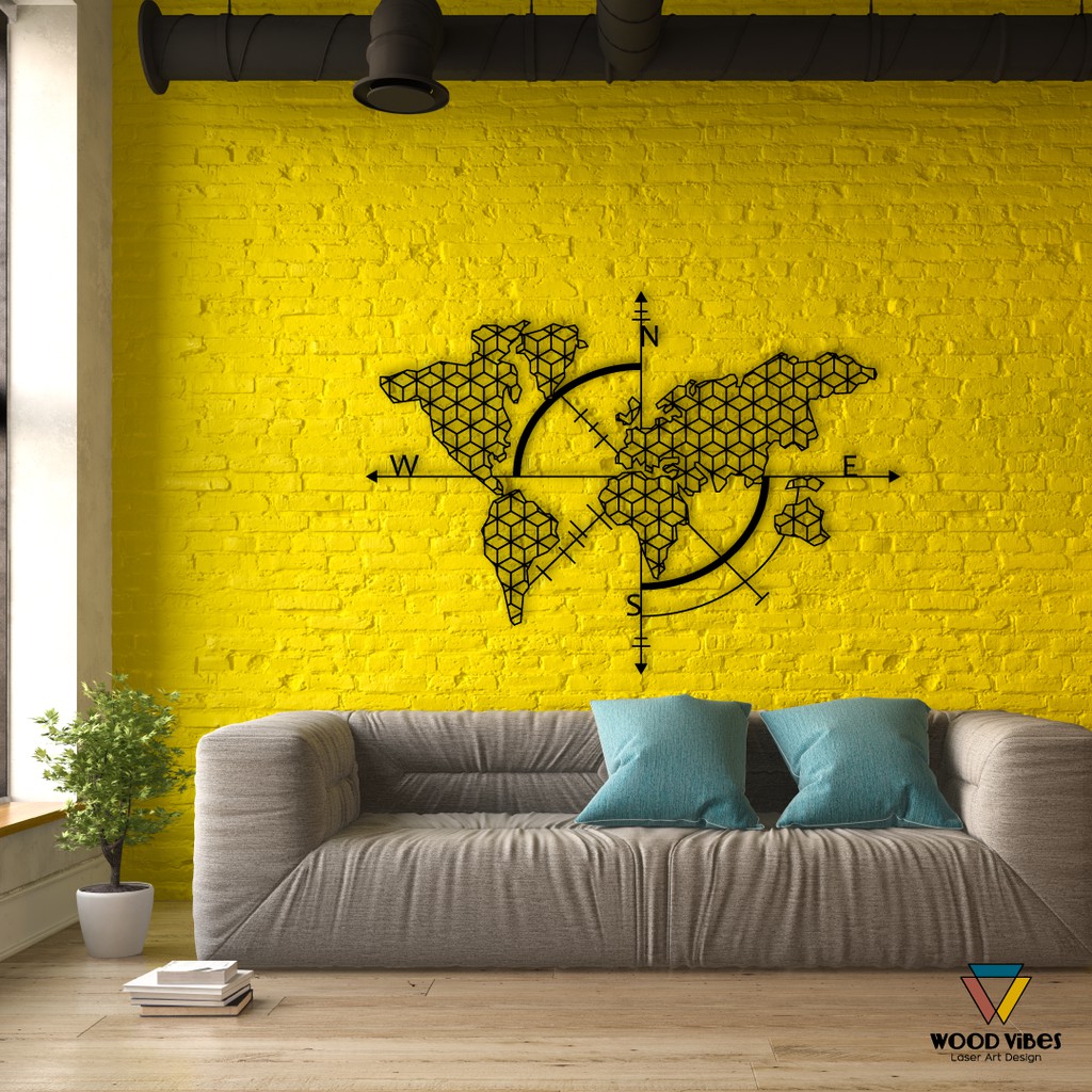Painel Mapa Mundi Rosa dos Ventos Geométrico decoração MDF