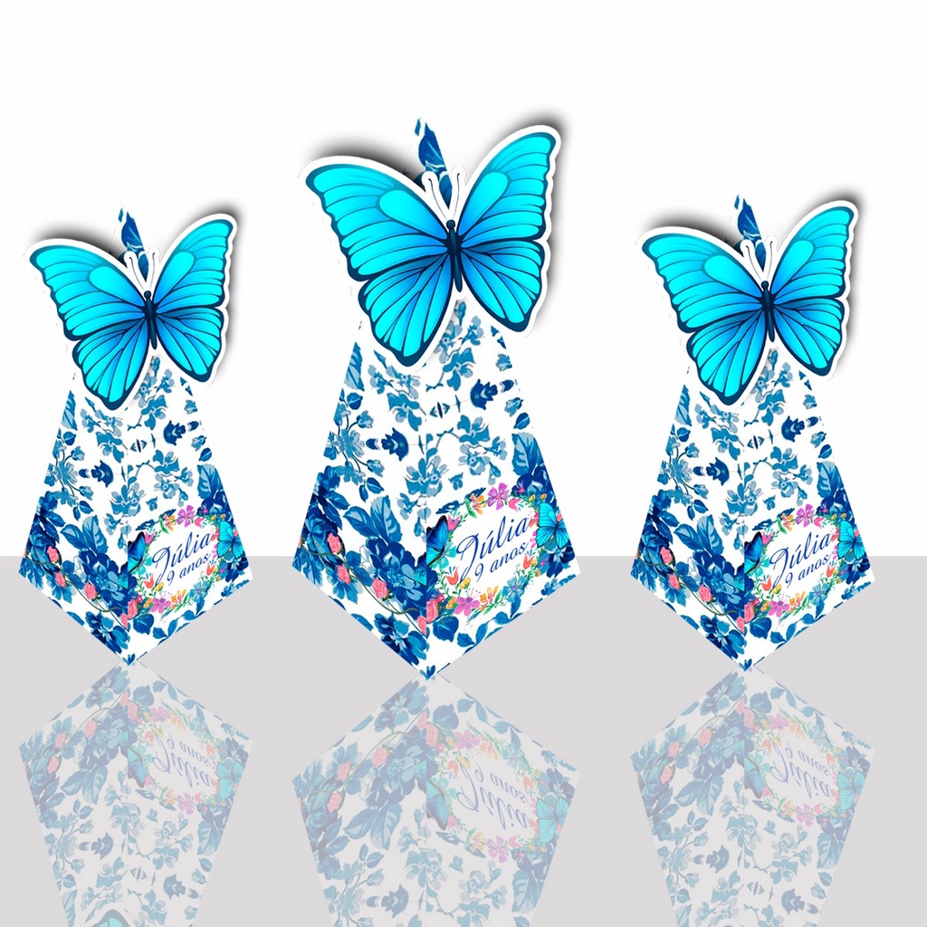 10 Caixa Cone Pirâmide Borboleta Azul Personalizada Lembrancinhas para Aniversário