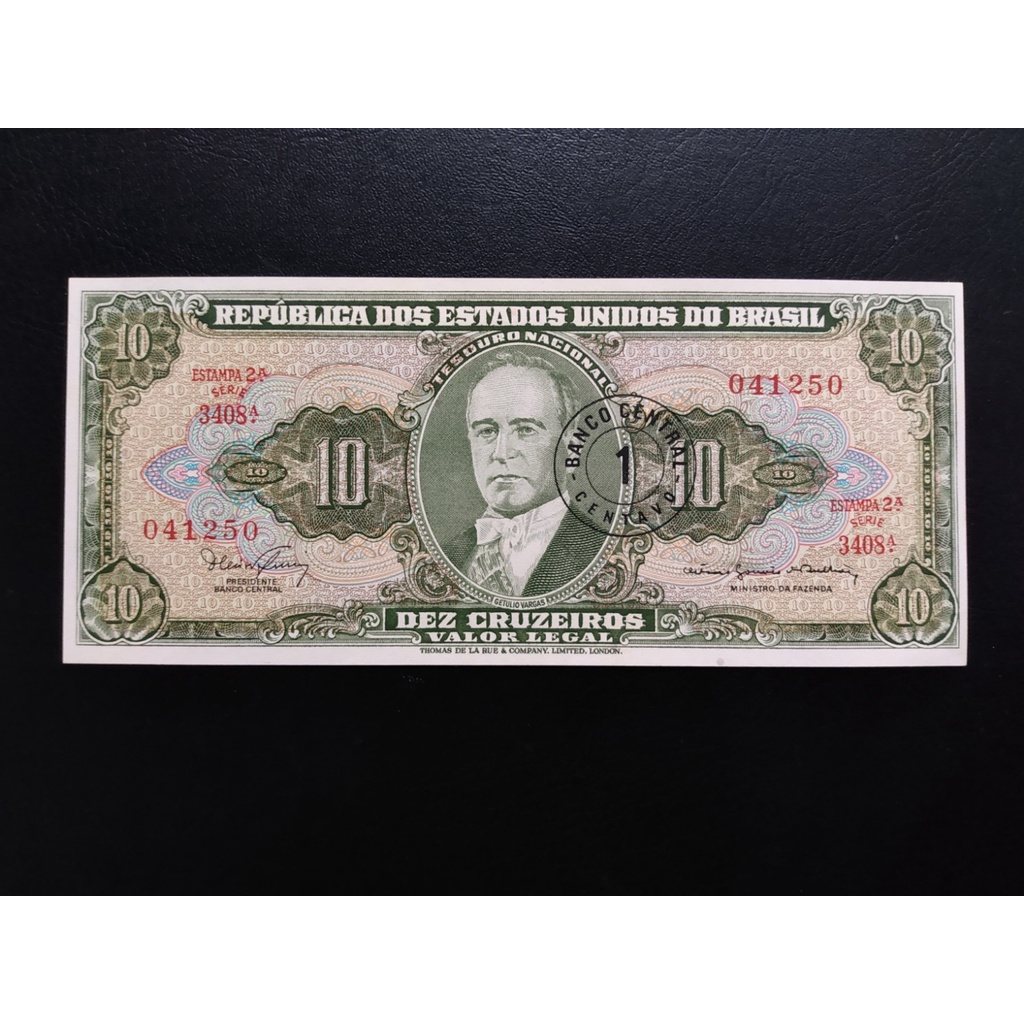 Cédula de 10 cruzeiros, com carimbo 1 centavo, excelente estado de conservação, catálogo C.114, ano 1967