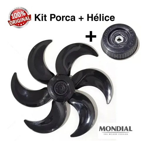 Kit 1 Porca da Hélice + 1 Hélice Ventilador Mondial Nv-45 40cm 6 Pás Preta