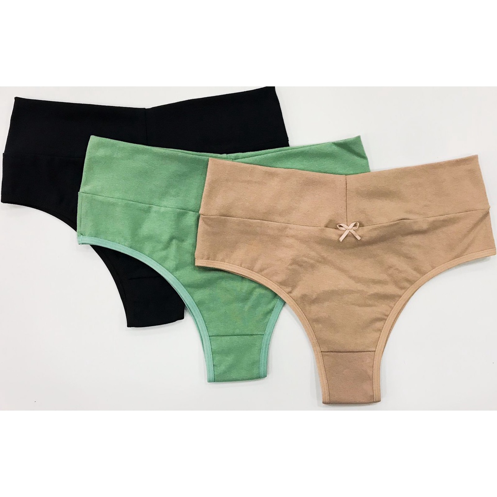 Kit 3 Calcinhas Cós Alto em Algodão Cintura Alta Cós Duplo Feminina Conforto em Oferta na Shopee