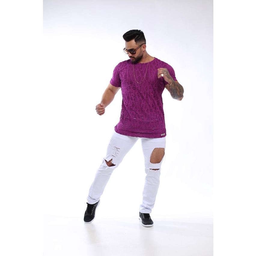 CALÇA MASCULINA JEANS BRANCA SUPER SKINNY RASGADA DESTROYEDES