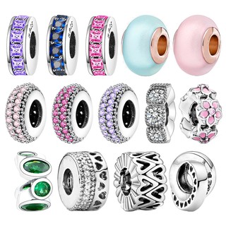 Banhado A Prata Rosa Roxo Zircon Charme Spacer Frisada Fit Pan Pulseiras Encantos Beads Moda Jóias DIY Berloque