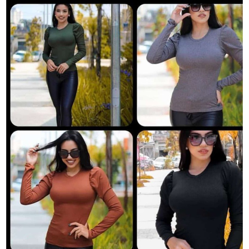 Blusa Feminina Manga Princesa Bufante Canelada Camiseta Básica Manga Longa Inverno Oferta