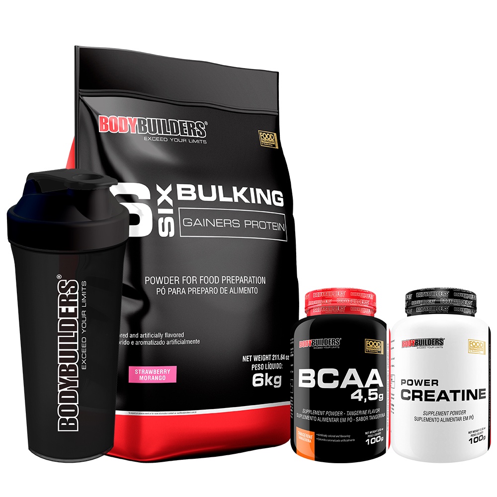 Kit Hipercalórico 6 Six Bulking 6kg + Creatina 100g + BCAA 4.5 100 gr + Coqueteleira – Bodybuilders