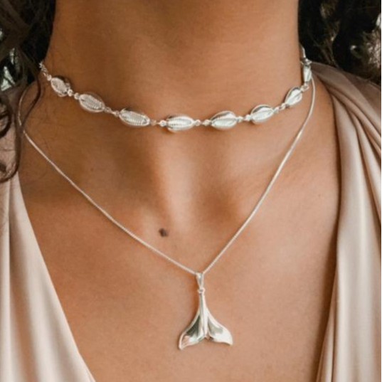 Gargatilha Choker  Búzios Concha folheado Prata 925 + Colar Feminino Rabo De Sereia banhado a prata 925