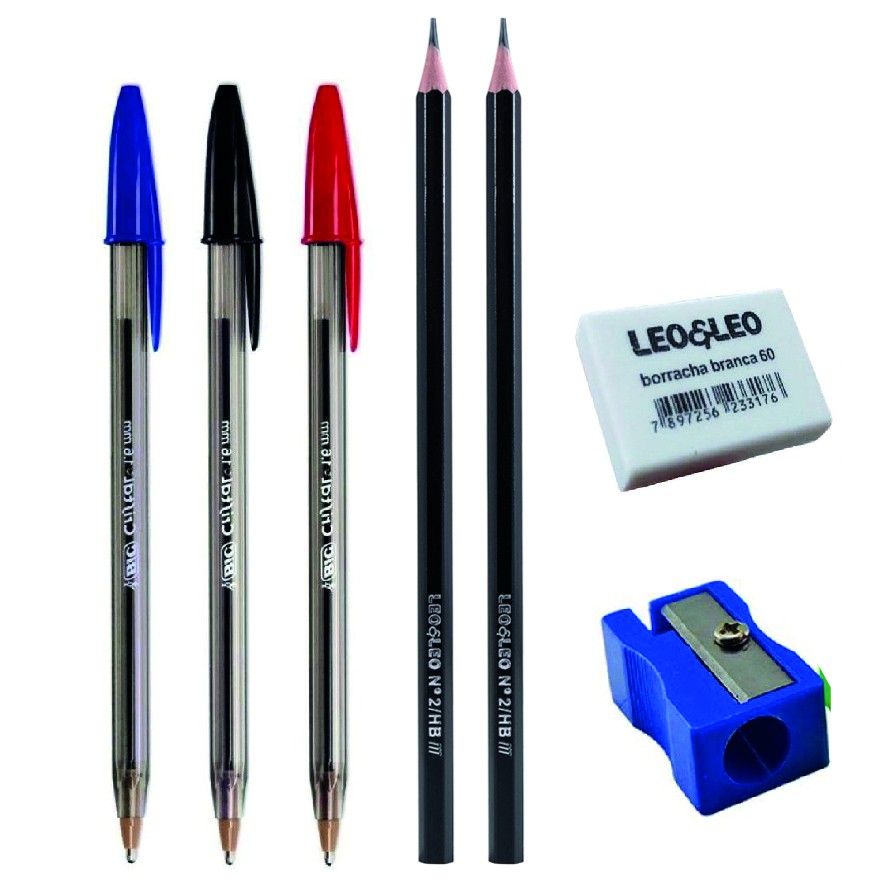 Kit Escolar: 1 Caneta Bic Azul + 1 Caneta Bic Preta + 1 Caneta Bic Vermelha + 2 Lápis Preto Leo e Leo + 1 Borracha n° 60 + 1 Apontador simples