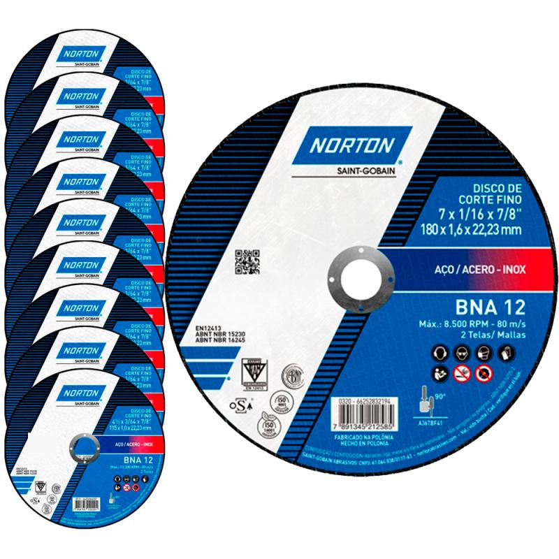 Disco de Corte para Metal e Inox 7 POL x 1,6 MM BNA 12 Kit 10 Peças NORTON