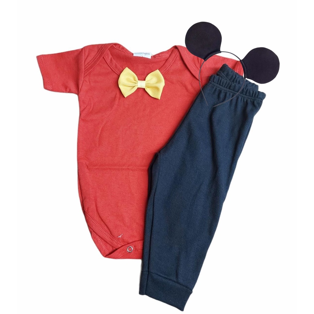 Kit Roupa Conjunto Masculino Infantil Bebê Menino Mesversário C/ Calça + Body + Suspensório + Tiara Orelhinhas