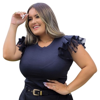 Promoção Blusa Feminina Plus Size Para Culto Senhora Moda Babado Poa Tule Amelia