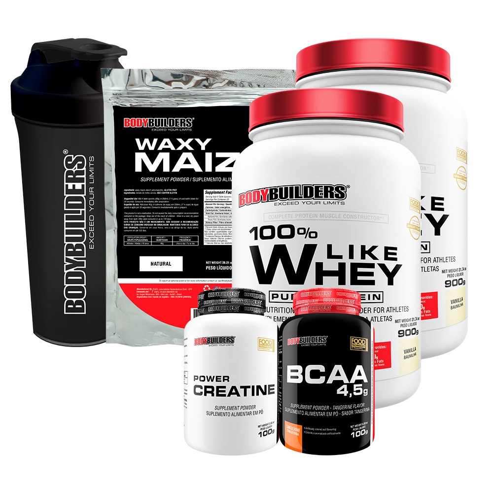 Kit 2x 100% Like Whey Pure Protein 900g + BCAA 4,5 100g + Power Creatina 100g + Waxy Maize 800g + Coqueteleira - Proteína do Soro do Leite - Bodybuilders