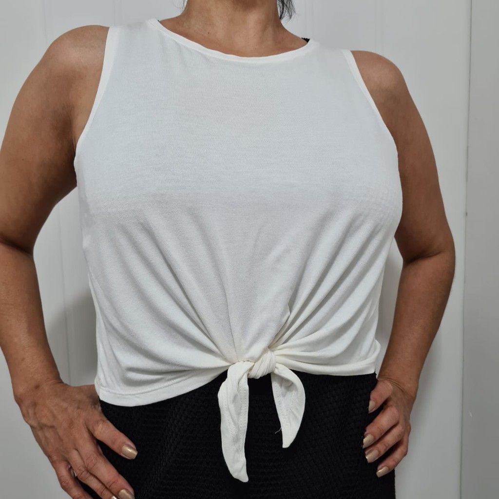 Blusa Camiseta Regata Cropped Pool Branca Amarra Frente - P