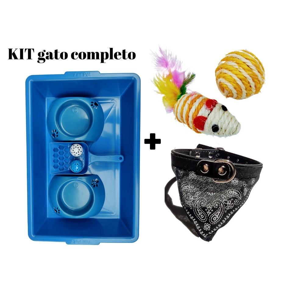KIT gato completo – Banheiro Higiênico + Bandana, Para Gatos Caixa De Areia + Comedouro + Presente / Banheiro Para Gato Caixa De Areia + Comedouro + Presente - Gatos, gatos, filhote, filhotes, PET, kit higienico, kits + Ratinho A Corda Para Gatos