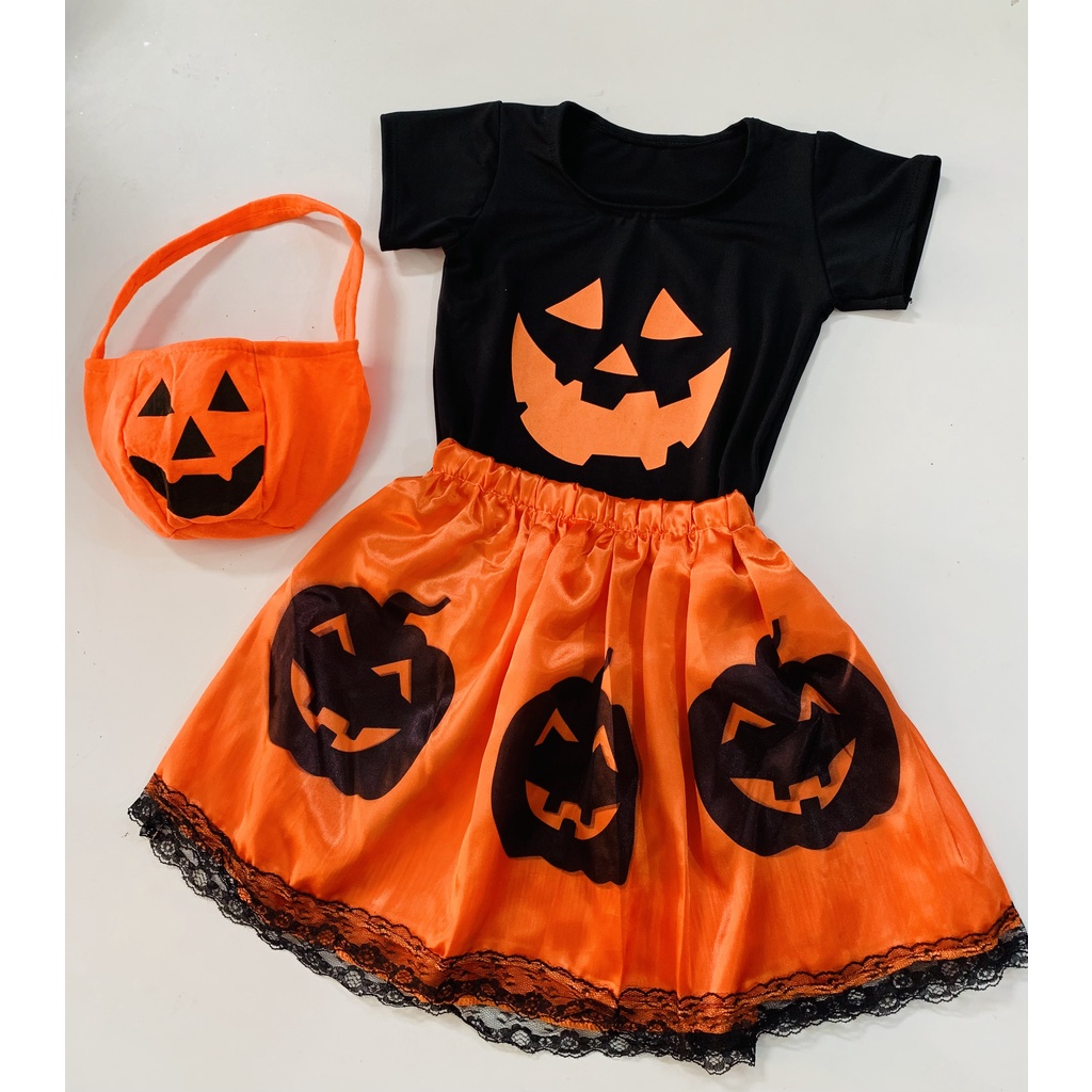 Fantasia Infantil Halloween Abóbora Camiseta Saia de cetim e bolsa de abóbora linda