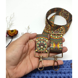 Alça chic estampada colorida mandala 3cm para bolsa com mosquetão e regulador