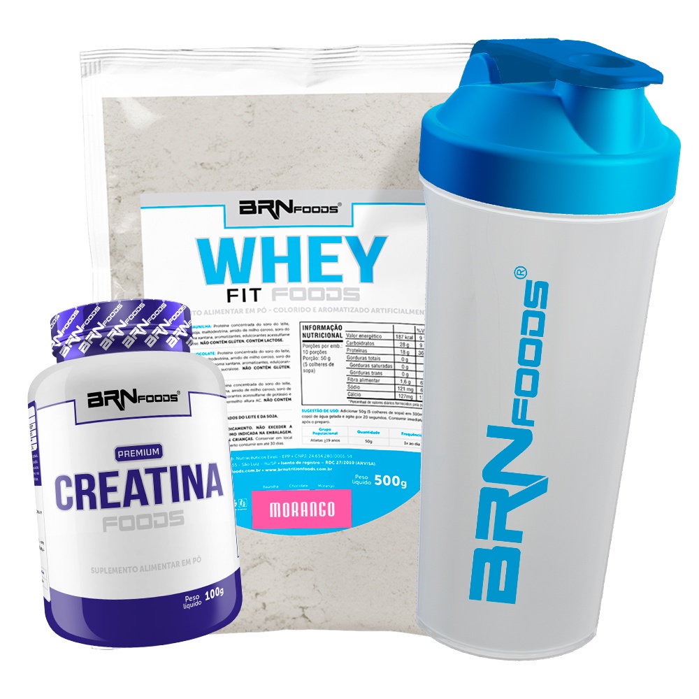 Kit Whey Protein Concentrado em Blend Proteico 500g + PREMIUM Creatina 100g + Coqueteleira - BRN Foods