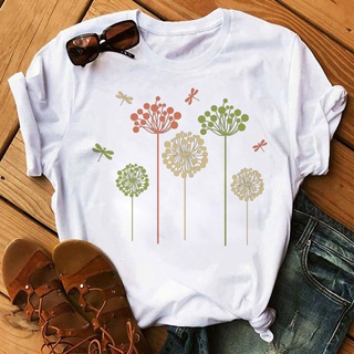 Nova Camiseta Feminina Da Moda Dente-De-Leão E Libélula Estampada Lady Girls Summer Short Sleeve Tops Harajuku Casual Tee Clothing