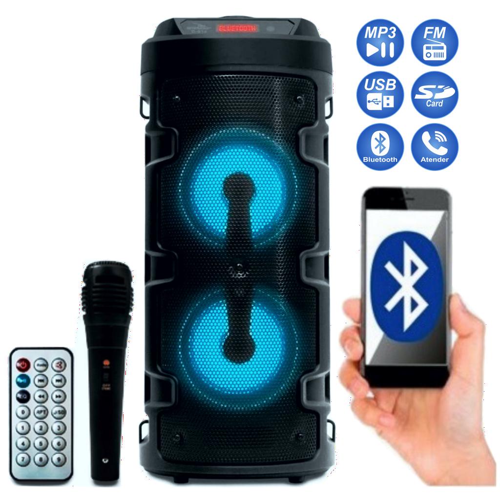 Caixa de Som Portátil Rádio Fm Bluetooth USB SD Microfone C/ Fio Controle Bateria Recarregável Torre