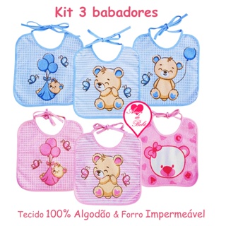 Kit 3 Babador Felpudo Menino e Menina com Tecido 100% Algodão e Forro Impermeável em Oferta na Shopee