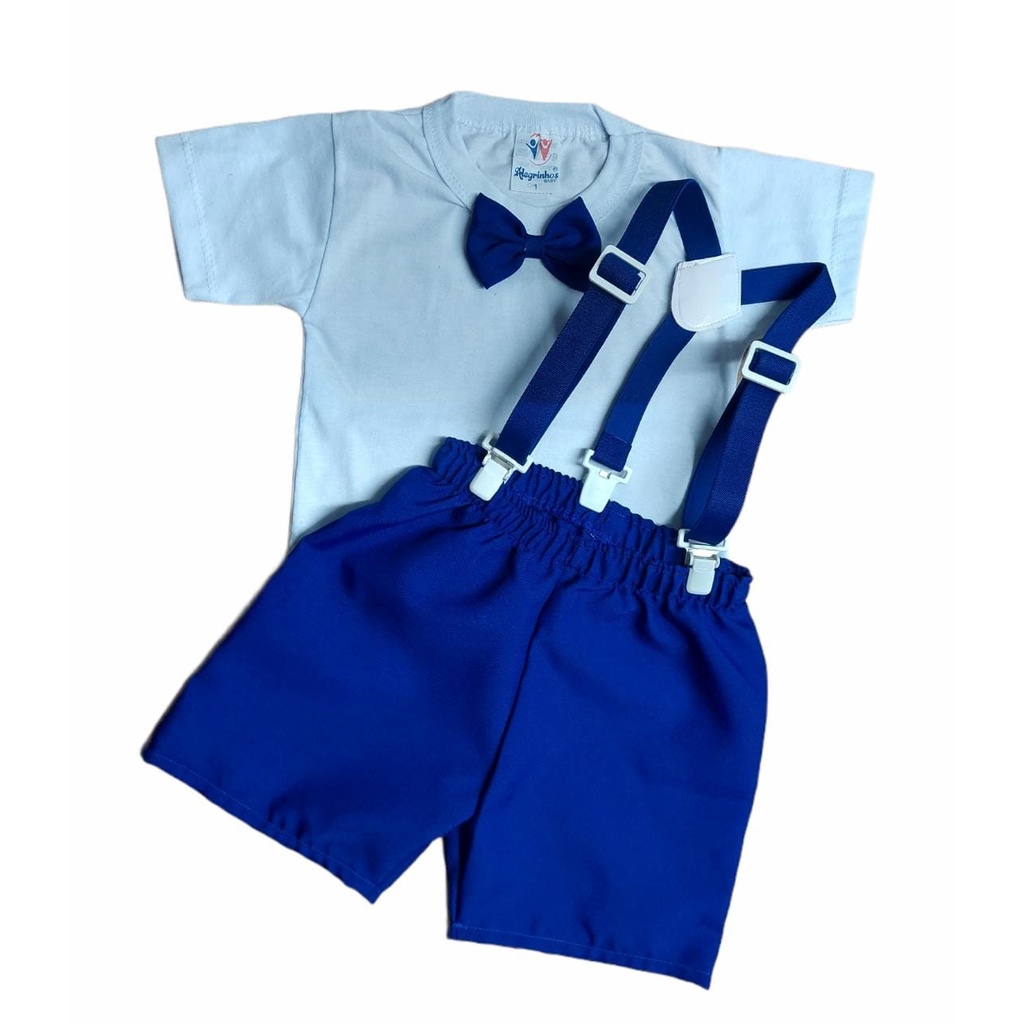 Conjunto Social Suspensório Roupa Bebê Menino Batizado Festa Shorts + Suspensório + Body