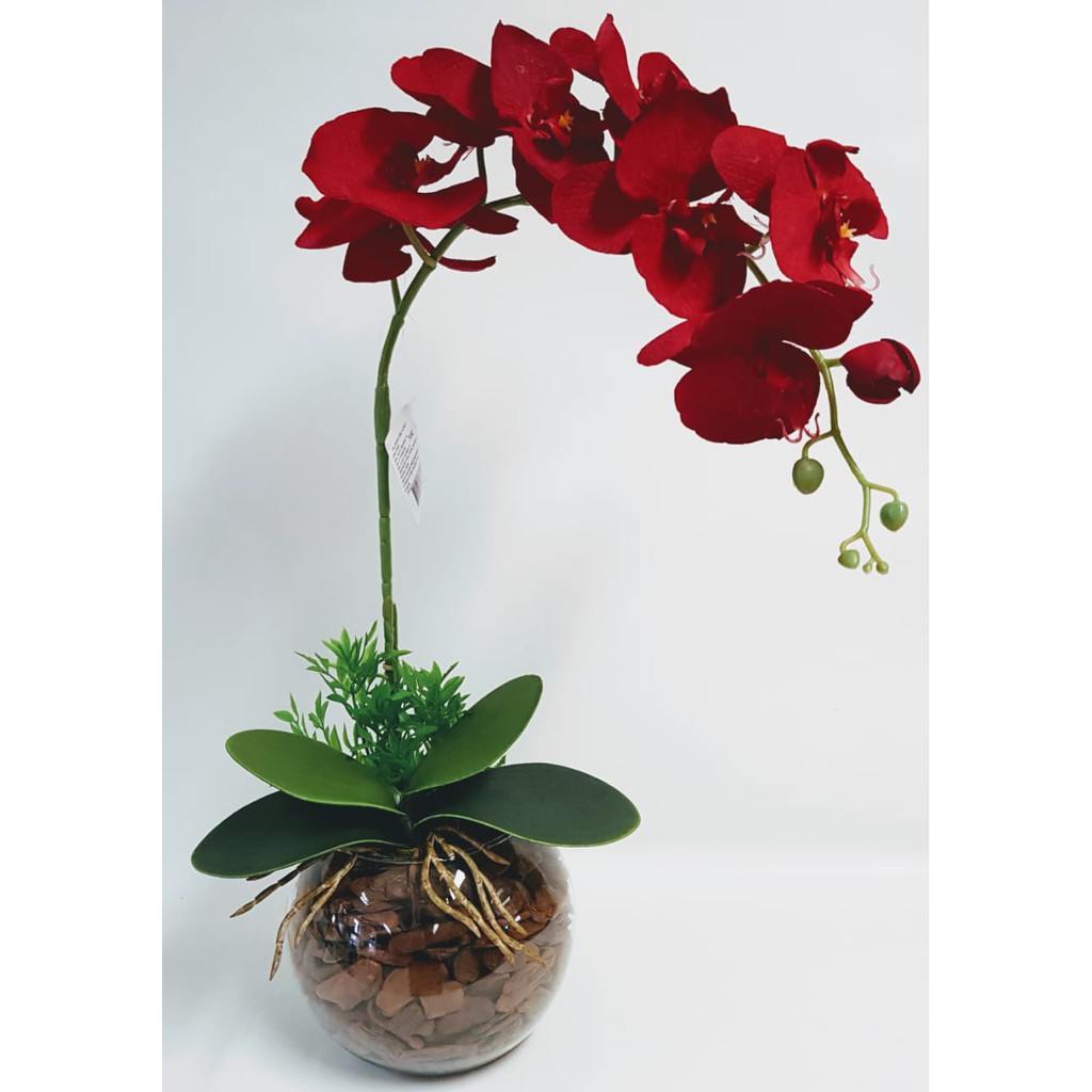 Arranjo De Flores Artificiais Orquídeas Vermelhas Vaso Vidro | Shopee Brasil