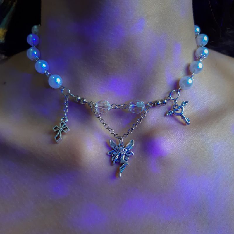 Colar de Pérolas Y2k Choker Fairycore Fada Pingente de Coração Vintage Alternativo Gargantilha Delicada Heart Corrente
