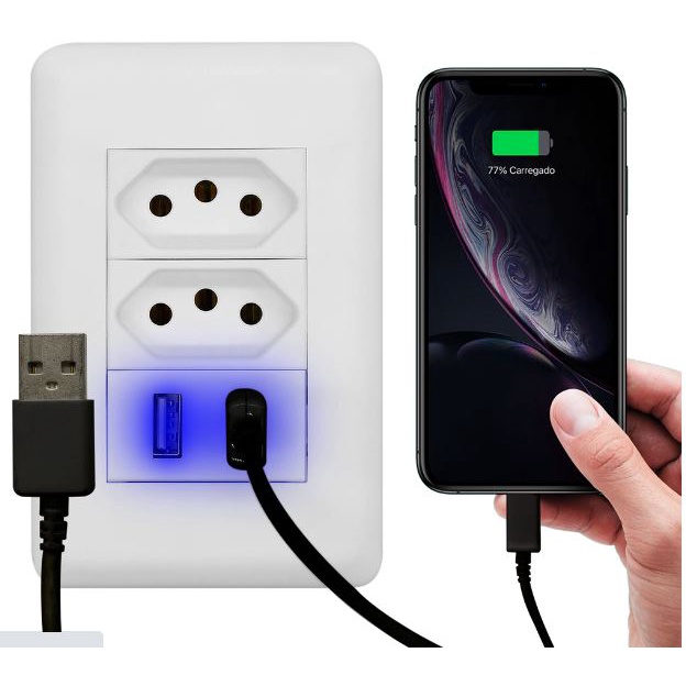 Tomada Interruptor Apagador Com 2 Saídas USB Carregador Celular iPhone 3.0