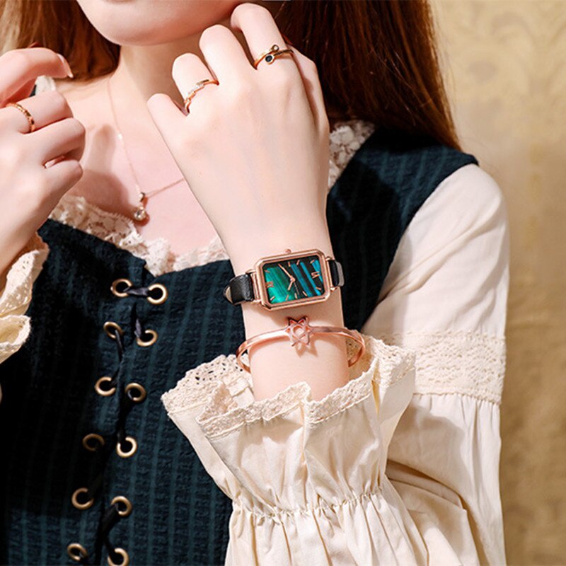 Relógios de Luxo para Mulheres, Relógio Pequeno Verde Retrô, Relógio com Disco Verde Malaquita, Relógio de Quartzo Fashi