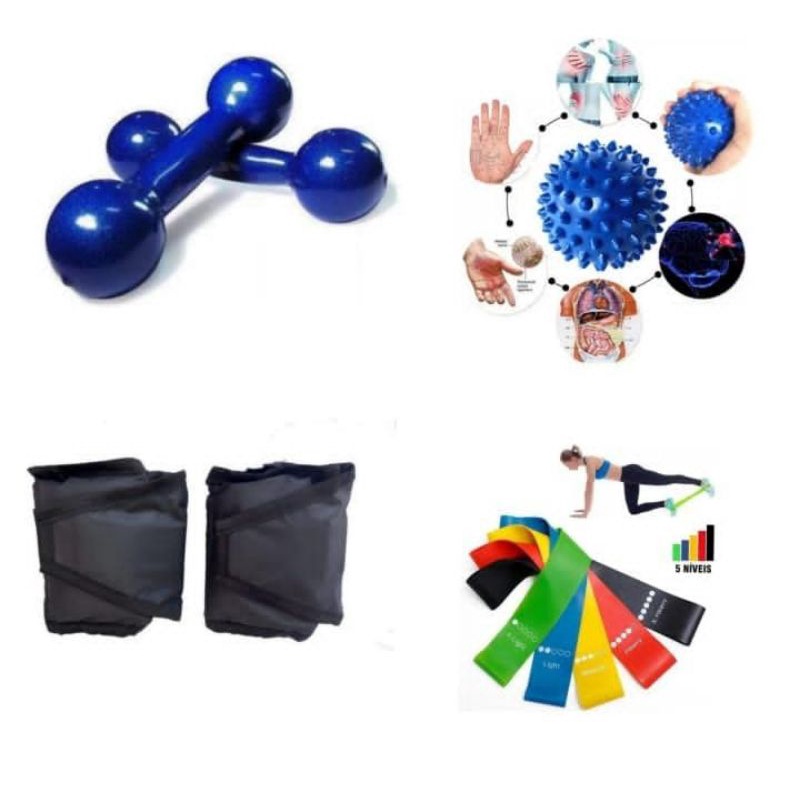 Kit Fisioterapia Completa Par Pesos Halter 0,50 (Meio Quilo) + Par Caneleira 1 Kg + Kit Theraband + Bolinha Fisio