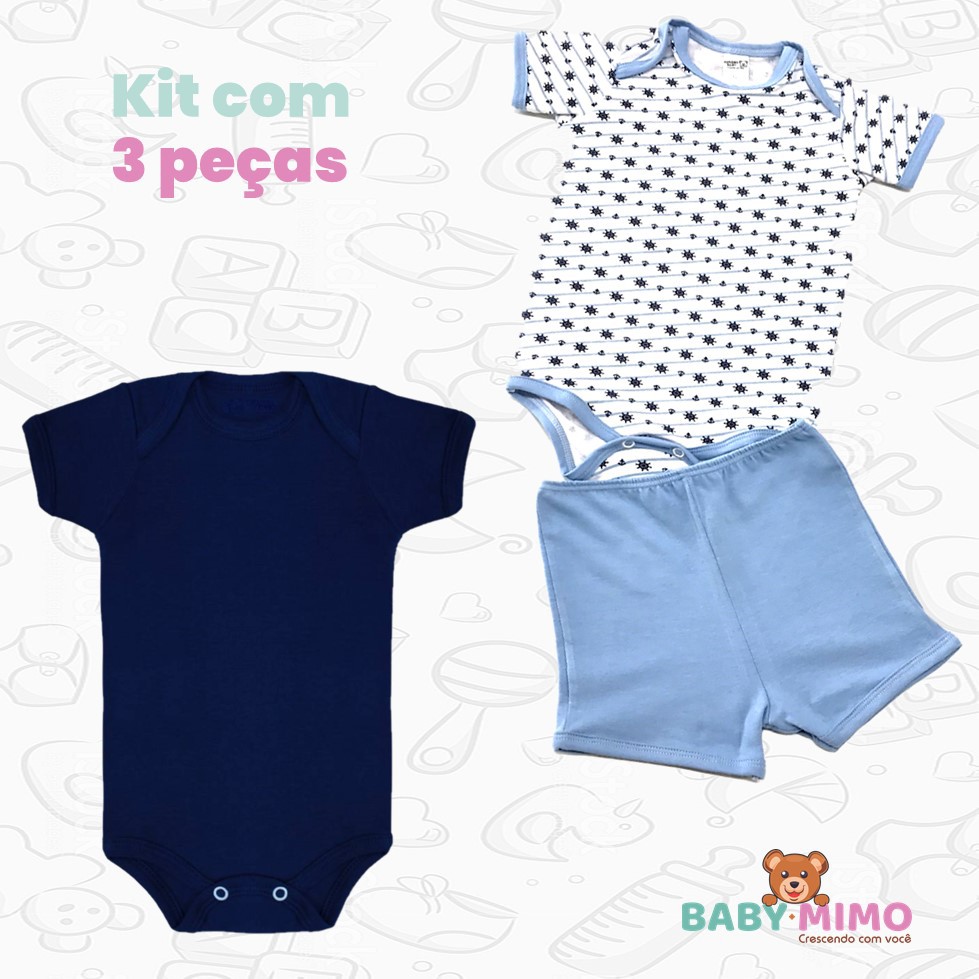KIT 3 Peças Conjunto body manga curta transpassado marinheiro com Shorts azul luar - Mimoso Baby + Body manga curta transpassado liso azul marinho - Baby Duck