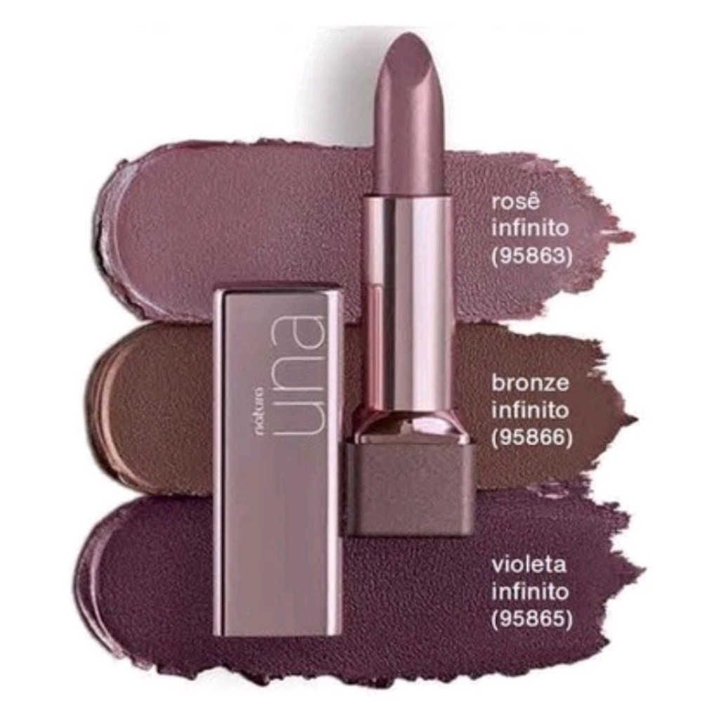 Batom Natura Una Metalizado - Violeta Infinito / Bronze Infinito / Rosê  Infinito - 3,8g | Shopee Brasil