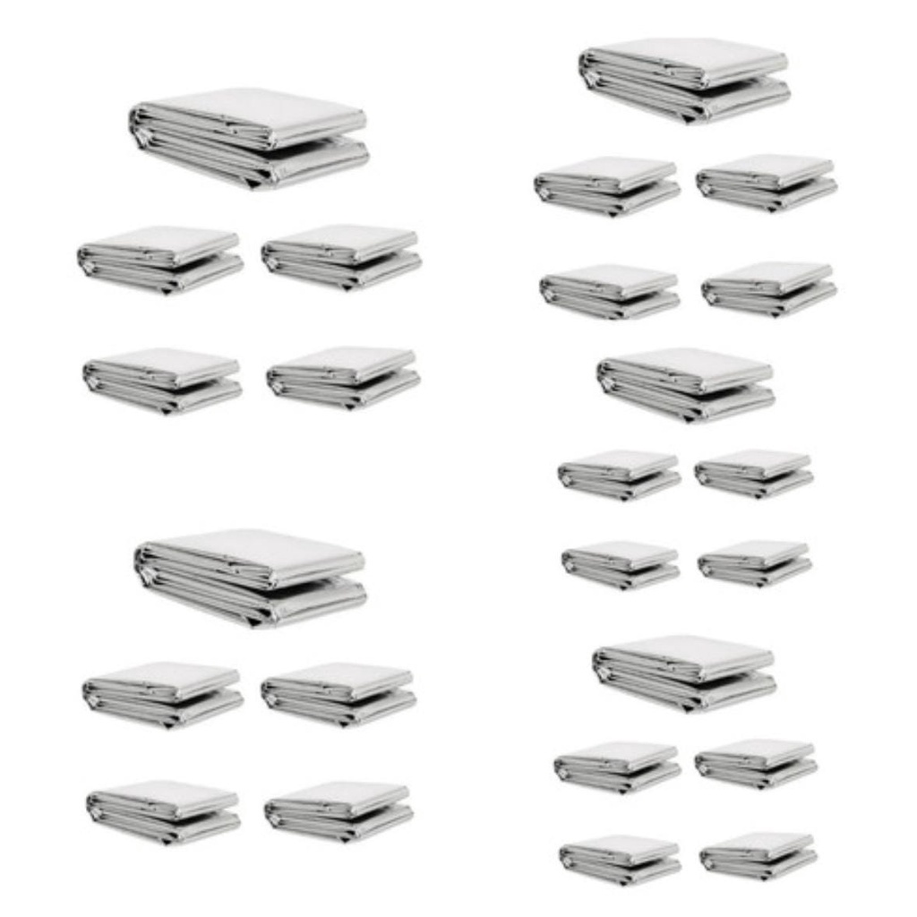Kit 25 Cobertor Manta Térmica Aluminizado Isolante Emergência Resgate Acampamento Camping Hipotermia Morador de Rua Doação Procedimento Estético Estética Aquecimento Proteção Calor Frio Quente Gelado Térmico Polietileno Aluminada Vitima Isolante Montanha
