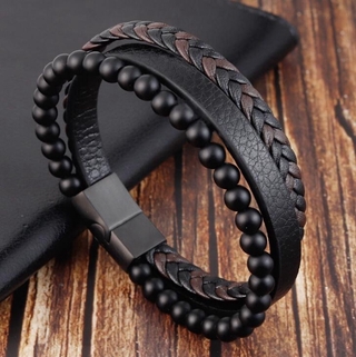 Pulseira De Aço Inoxidável Com Fivela Magnética Bracelete De Couro Pérolas Naturais De Pedra Várias Camadas De Corda