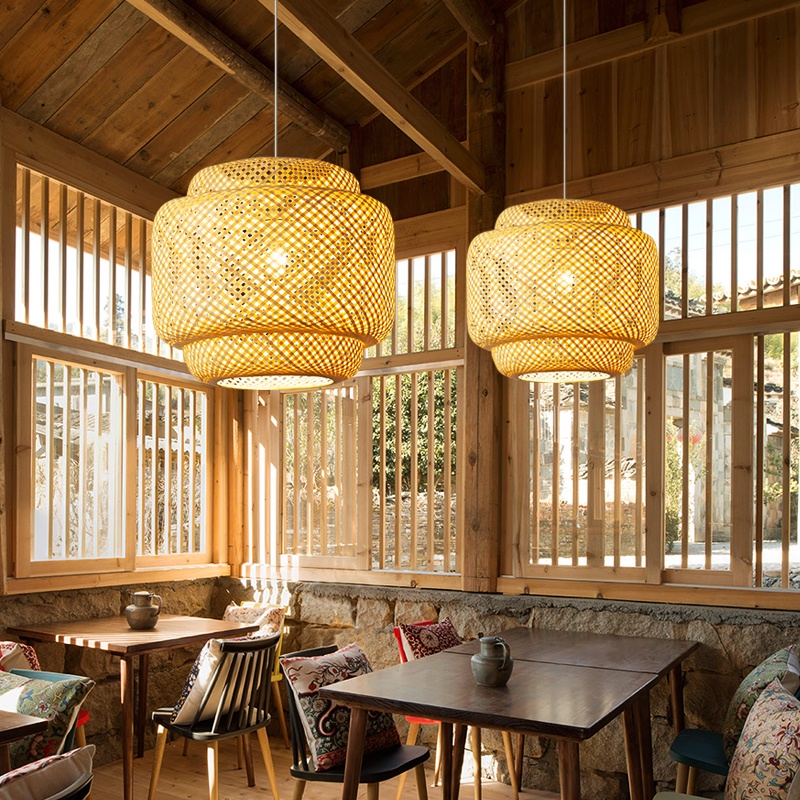 Pingente de Luz Natural E27 Candelabro de Bambu com Tecido Rattan para Decoração de Casa e...