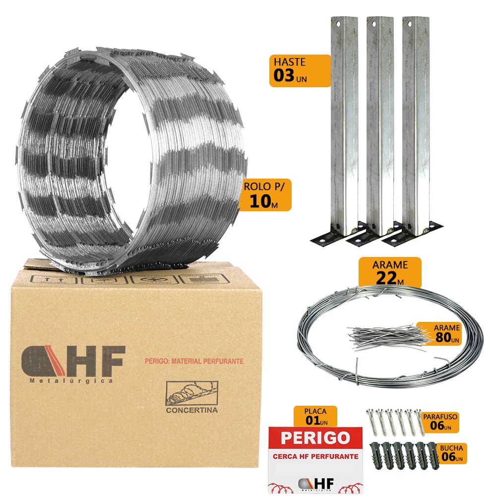Cerca concertina simples galvanizada 30cm 10 metros com kit 3 hastes - Cod 24