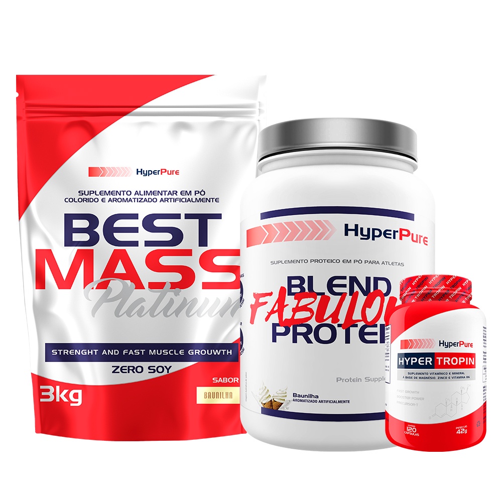 Kit Hipercalórico Best Mass 3kg + Whey Protein Fabulous Protein 2kg + Multivitamínico Hyper Tropin 120 Cáps - Hyperpure Para melhor desempenho do treino e ganho de massa