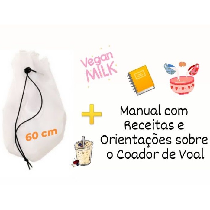 1 Coador de Voal 60cm diâmetro e Manual com 10 Receitas e Orientações para uso Ideal para Sucos vegetais, Kefir, Suco Verde, Leites Vegetais, Queijos, Iogurte Grego, café, chá, Banhos Aromáticos.