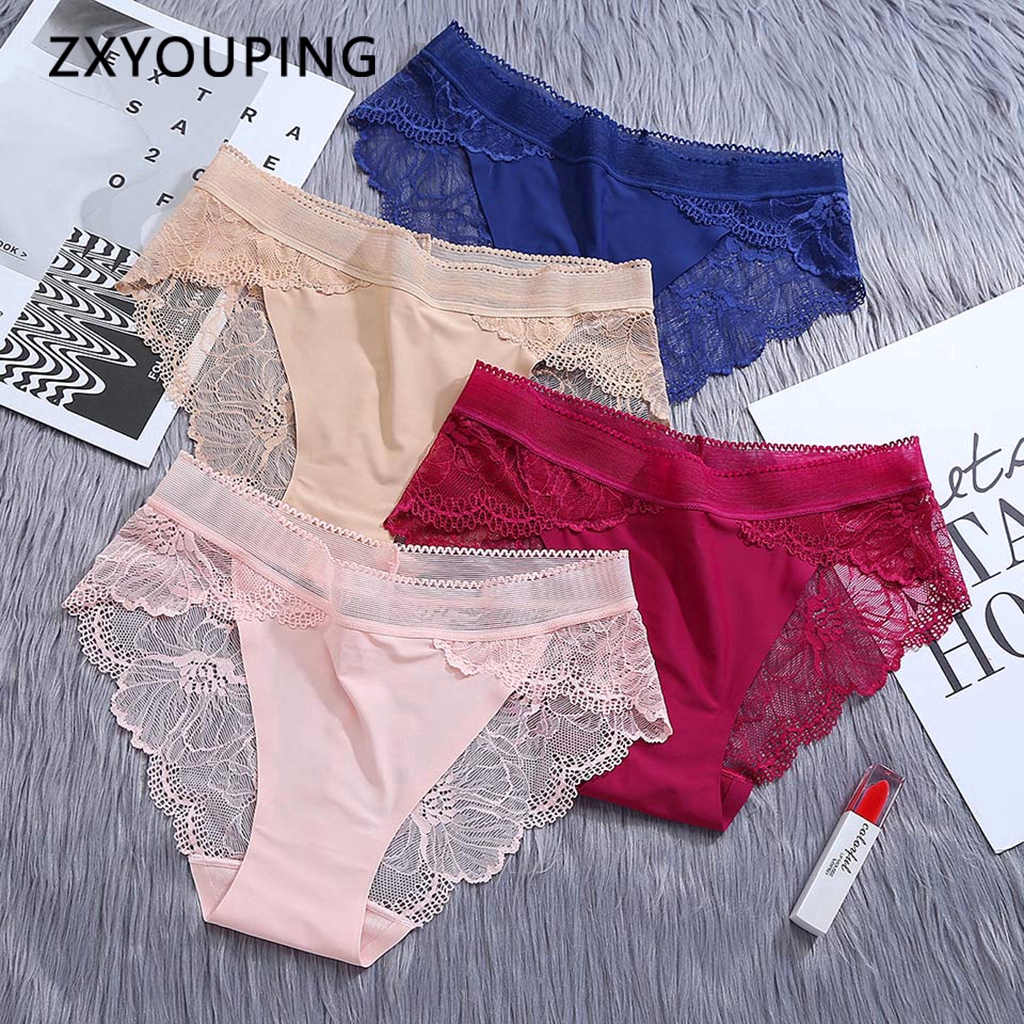 Calcinha De Seda Gelada Feminina Cuecas Sem Costura Sexy De Renda Cuecas Macias Respiráveis Plus Size S-XL Lingerie Oca Para Fora Do Meio Da Cintura