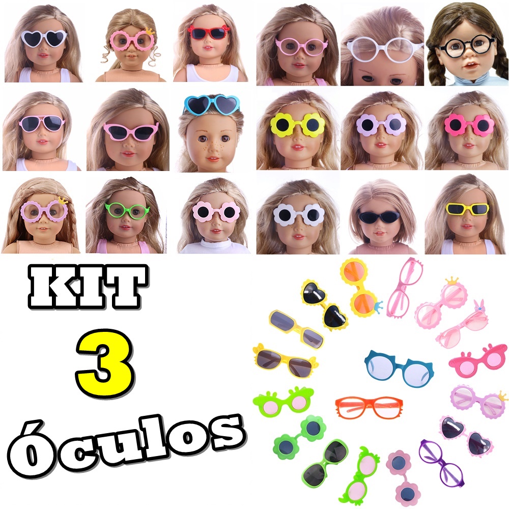 Kit 3 Óculos DIFERENTES Para Bonecas American Girl Our Generation Baby Alive Reborn Adora Acessórios Bebê