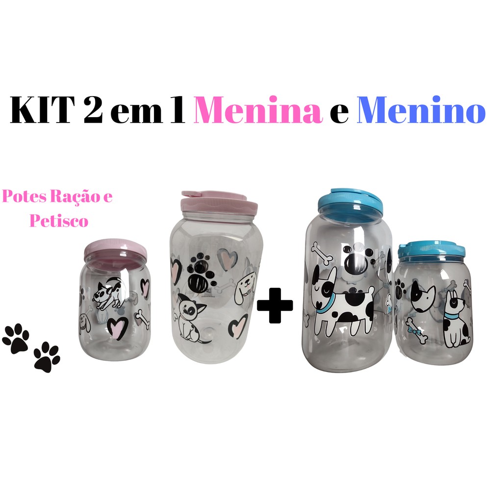 KIT Menina e Menino Pote Porta Ração 3.6 + Porta Petisco 1.7 Cachorros  Cães Gato gatos Com Alça - Para Armazenar Ração do seu PET, acessorios essenciais para seu animal, cachorro caes, filhote, filhotes TOP