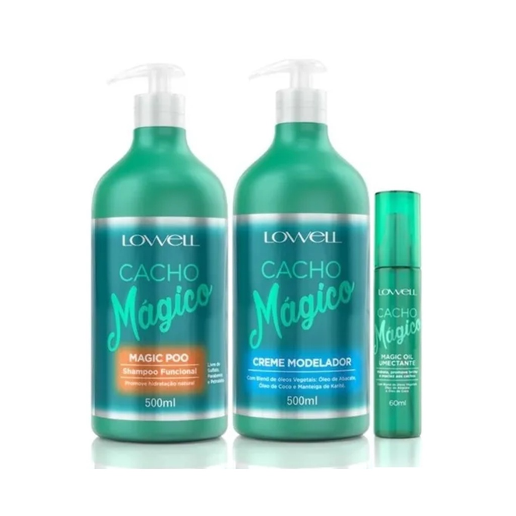 Kit Cacho Mágico Shampoo Funcional 500ml + Creme Modelador 500ml + Óleo Umectante 60 ml - Lowell