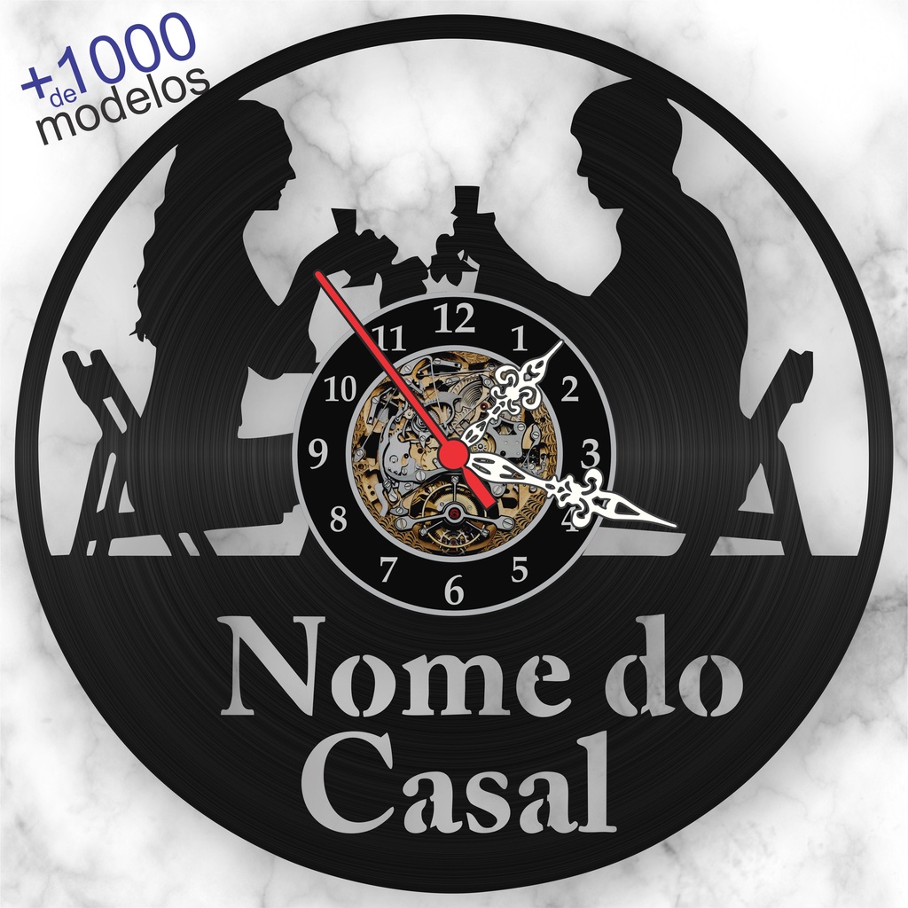 Relógio de Parede Personalizado Casal Jantando Nomes Dia Namorados Disco Vinil Lp iLustrado Presente