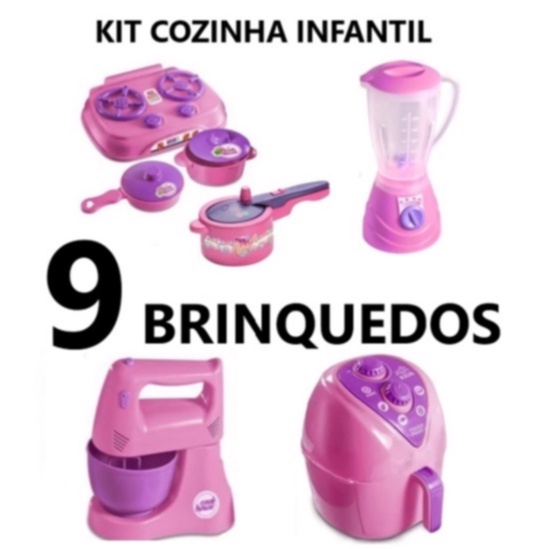 Kit Cozinha Infantil com 9 Brinquedos Fogão Batedeira Liquidificador Airfryer Panelinhas e Panela de pressão