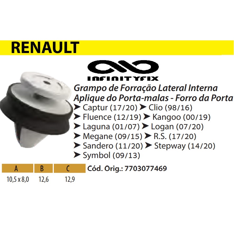 10 Presilha Grampo de Forração Lateral Interna Aplique do Porta-Malas - Forro da Porta - Renault Captur Clio Fluence Kangoo Laguna Logan Megane R.S Sandero Stepway Symbol - 7703077469