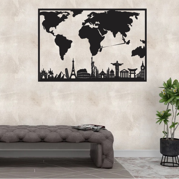 Quadro Mapa Mundi Londres Paris Rio Mdf Preto 3mm GRANDE