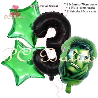 Kit 4 Balão Metalizado 1 Hulk 40cm + Número 70cm PRETO + 2 Estrela 45cm VERDE Festa