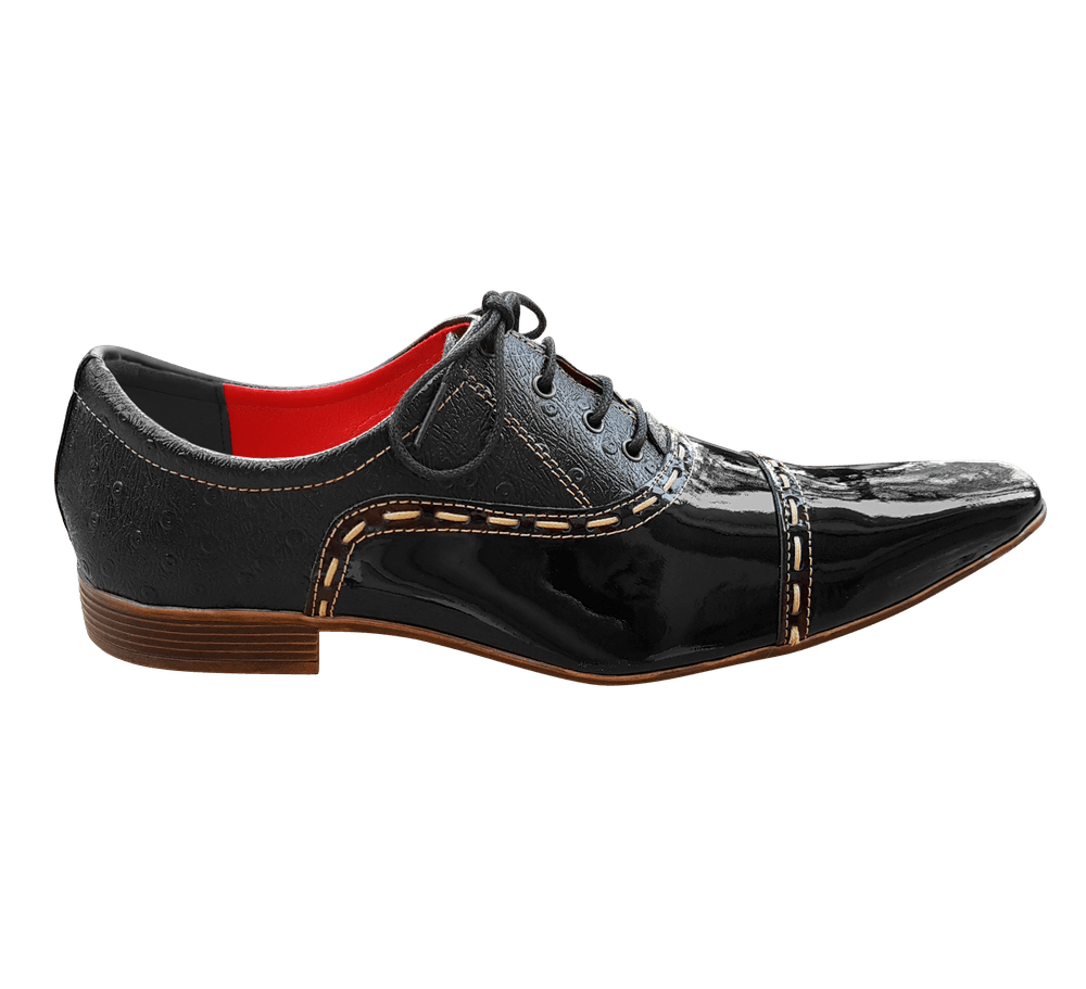 Sapato Masculino Italiano em Couro Preto Avestruz Com Preto Envernizado Oxford
