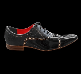 Sapato Masculino Italiano em Couro Preto Avestruz Com Preto Envernizado Oxford