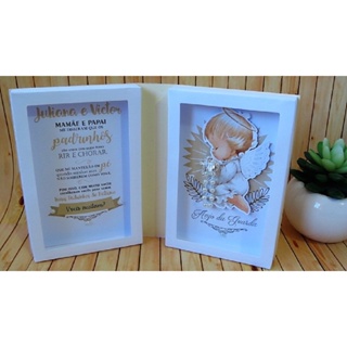 Convite padrinhos de batismo neutro anjinho acompanha mini terço convite batizado em Oferta na Shopee