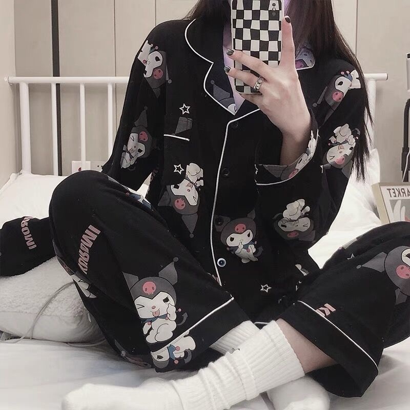 The sky nut Coin laundry Pijama feminino Kuromi Sanrio primavera calças de manga comprida terno doce  menina roupa de casa pode ser usado fora ccbzx.my | Shopee Brasil